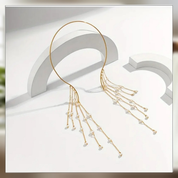 Pearl fringe necklace long open women gold chain jewelry - Picture 3 of 9